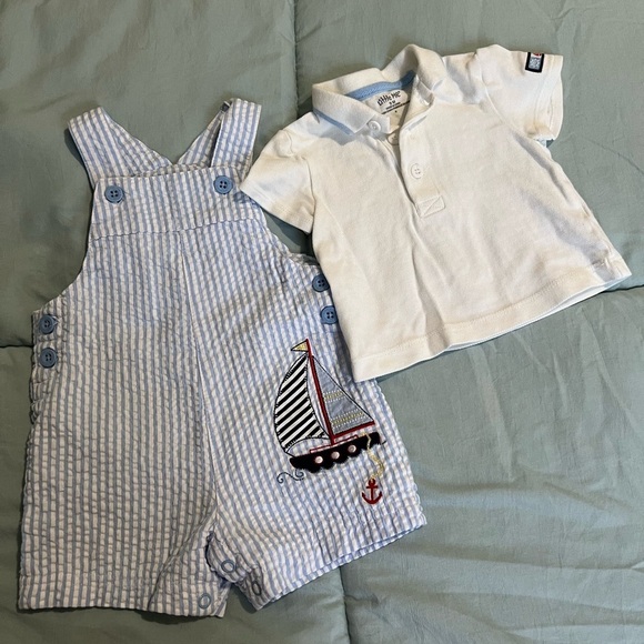 Baby Boy's Sailboat 2-Piece Polo & Striped Romper Set Sz 9M - Picture 5 of 12